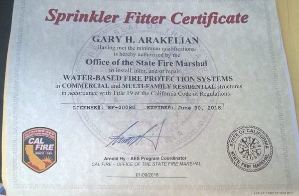 California sprinkler fitter certificate