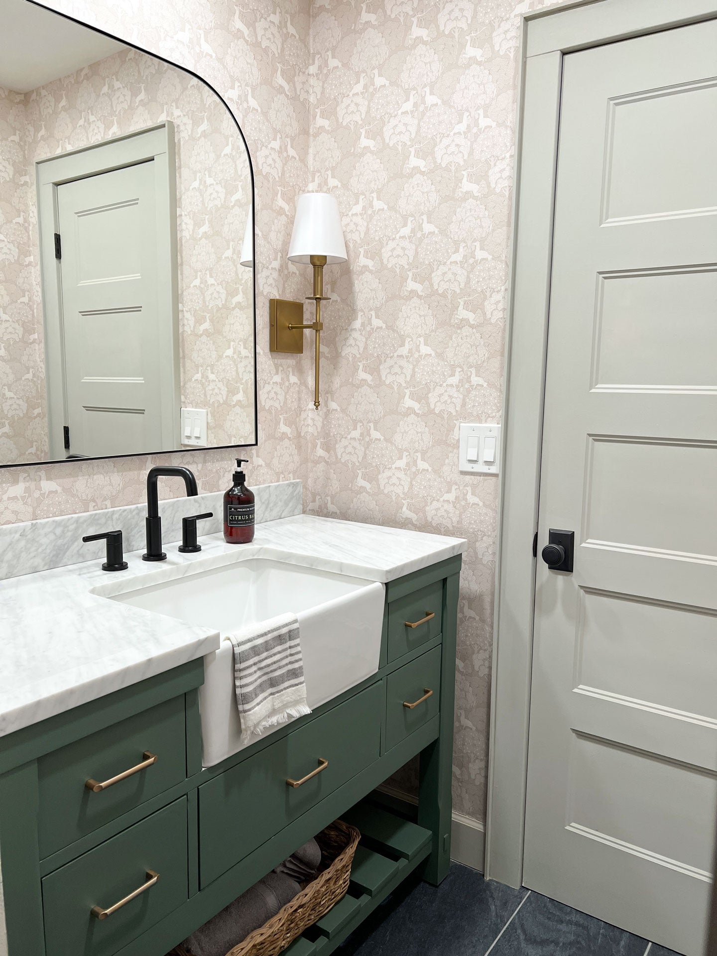 oil rubbed bronze door hardware in rustic modern bathroom